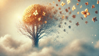 Dissolving brain shaped tree releasing butterflies. Mental health awareness background for psychology, memory loss, alzheimer's disease and mind wellness.