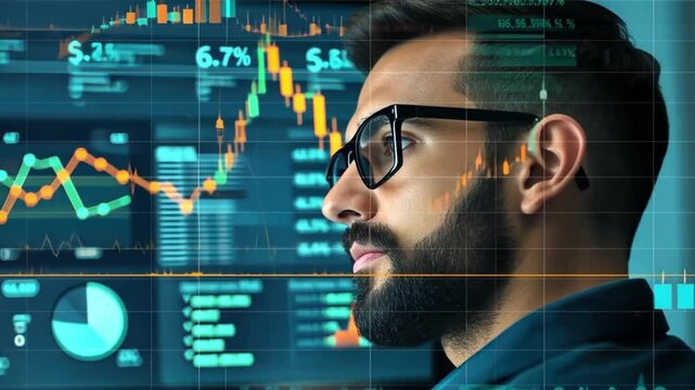 A confident AI manager analyzing a predictive analytics dashboard for business optimization.