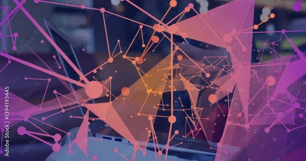 Poster using laptop, person surrounded by animation of abstract geometric shapes and network