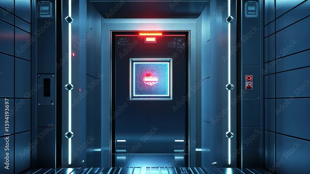 Poster futuristic password-protected gateway in a high-tech corridor illuminated with blue lights, advanced