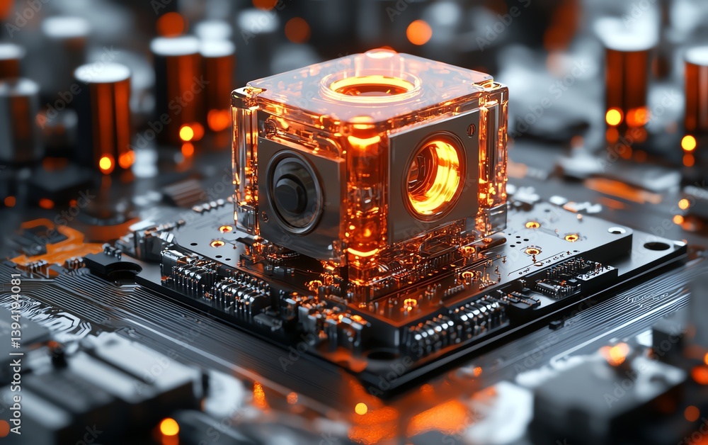 Poster highresolution 3d rendering of a security lock on a circuit board, surrounded by advanced electronic