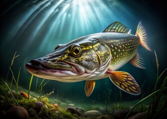 Fototapeta premium Stealthy Pike Hunting A Thrilling Underwater Sport Fishing Adventure in a Dark Aquatic Habitat