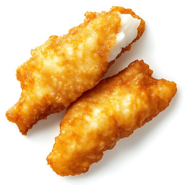 Golden and crispy fish fillets with a perfectly fried batter and flaky fish inside, isolated white background, modern art style