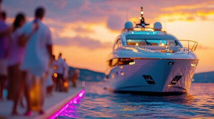 Luxury yacht networking party at sunset with elite investors and entrepreneurs enjoying the evening