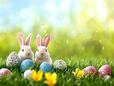 Two adorable fluffy white Easter bunnies sit amongst colorful decorated eggs and yellow sp flowers in vibrant green grass against a bright sunny sp background.