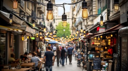 Obraz premium European city street scene with bistro lights