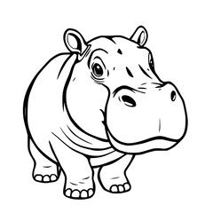 Fototapeta premium Outline drawing of a baby hippopotamus standing and looking forward, with large eyes and a friendly expression on a plain white background