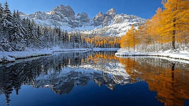 Stunning Winter Landscape: Lake Reflection of Majestic Mountains and Golden Larch Trees