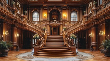 Obraz premium A beautiful historical mansion with intricate details, a large staircase, and an impressive entryway