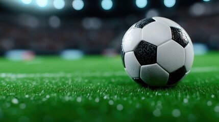 Close-up of a soccer ball on vibrant grass in an energetic stadium atmosphere during a thrilling match
