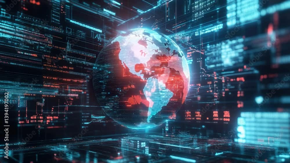 Poster futuristic digital globe surrounded by high-tech data streams and abstract geometric patterns repres