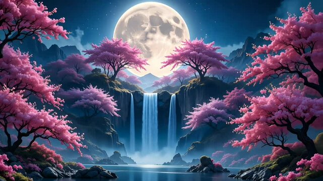 Beautiful waterfall moon blossom cherry trees nature landscape scenery background art hd wallpaper 4k videos 