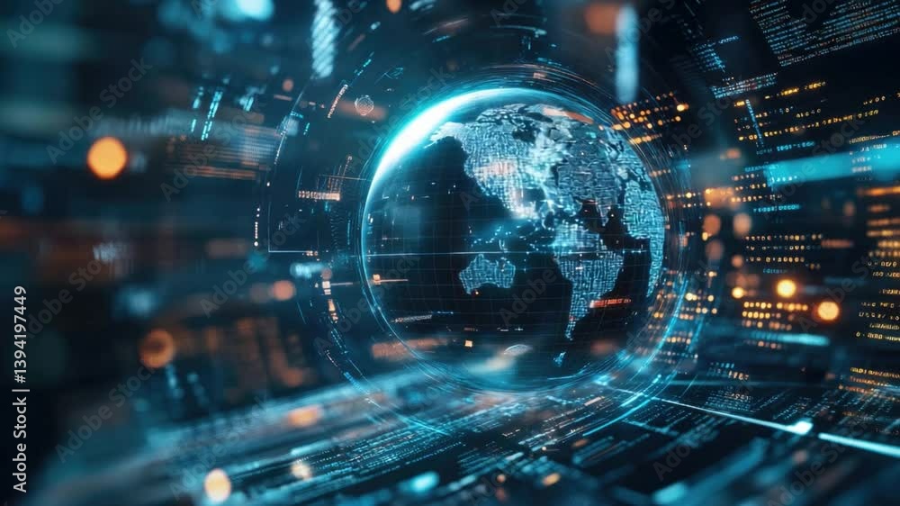 Poster futuristic digital globe with data streams visualizing global connectivity and information flow in a