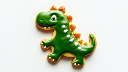 A flat cookie in the shape of a dino with green colour