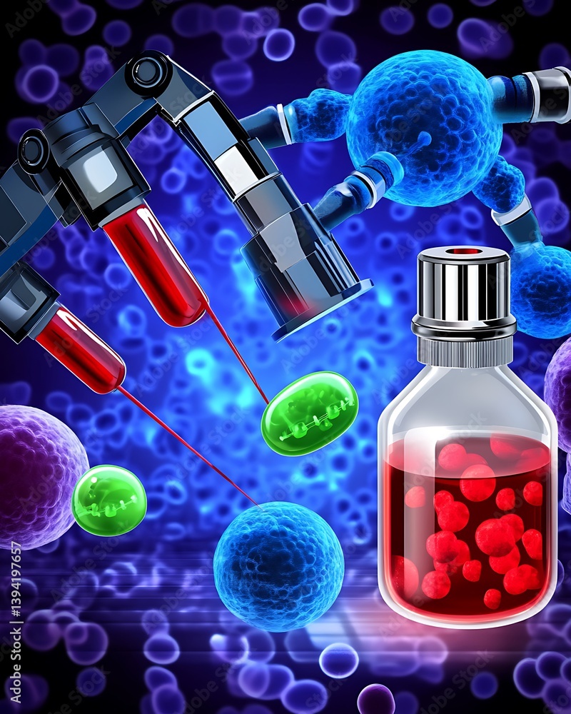 Poster advanced medical research with robotic tools and lab samples. complex scientific processes involving