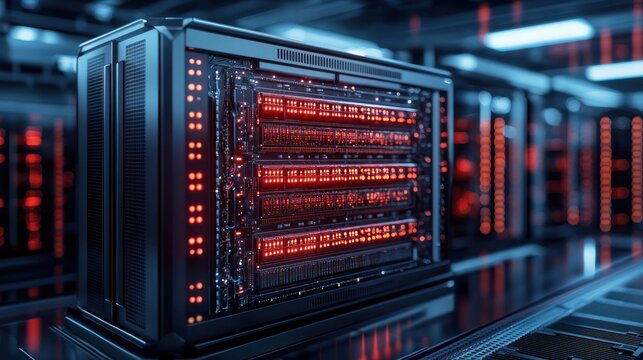 Exploring the power of a supercomputer with quantum processor in a data center futuristic environment close-up view