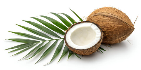 Fresh raw coconut with palm leaves isolated on white background. High resolution image
