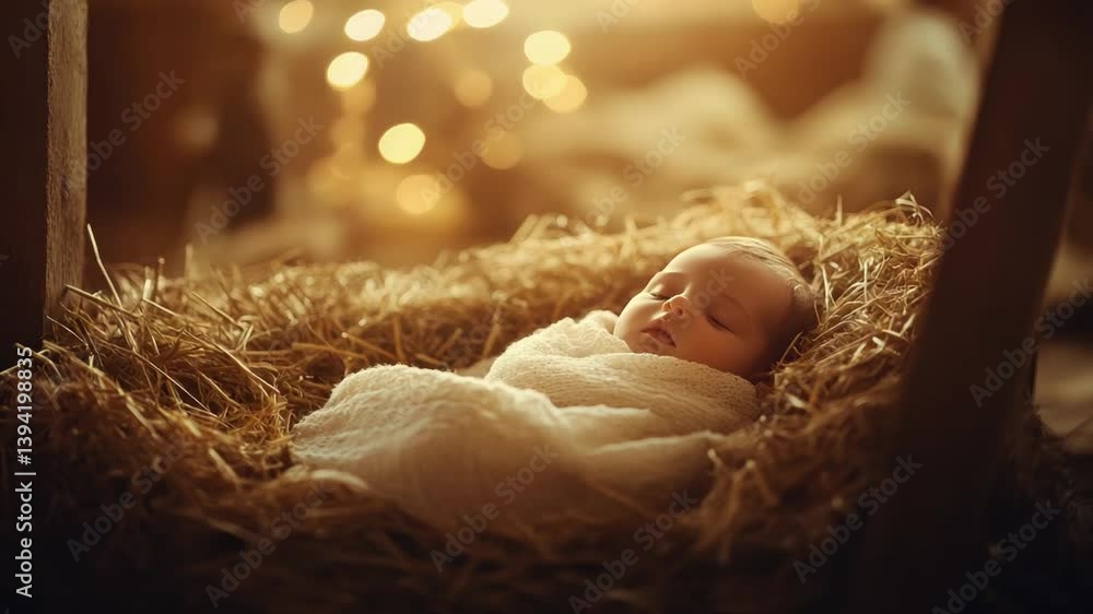 Poster Serene Newborn Baby Wrapped in Soft Blanket Nestled in Warm Hay with Beautiful Bokeh Background Creating a Tranquil and Heartwarming Scene