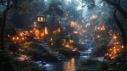 A beautiful elven city hidden deep within the forest, with elegant spires, magical fountains, and glowing pathways