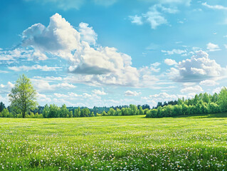 A picturesque landscape featu a vast green field dotted with wildflowers under a vibrant blue sky filled with fluffy white clouds and a lone tree standing tall in the distance.