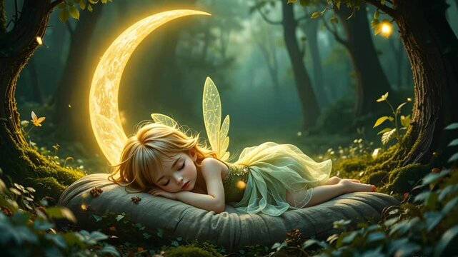 Sleeping fairy moon forest dream fantasy girl wings magic nature woodland fairytale artwork ai art 4k videos 