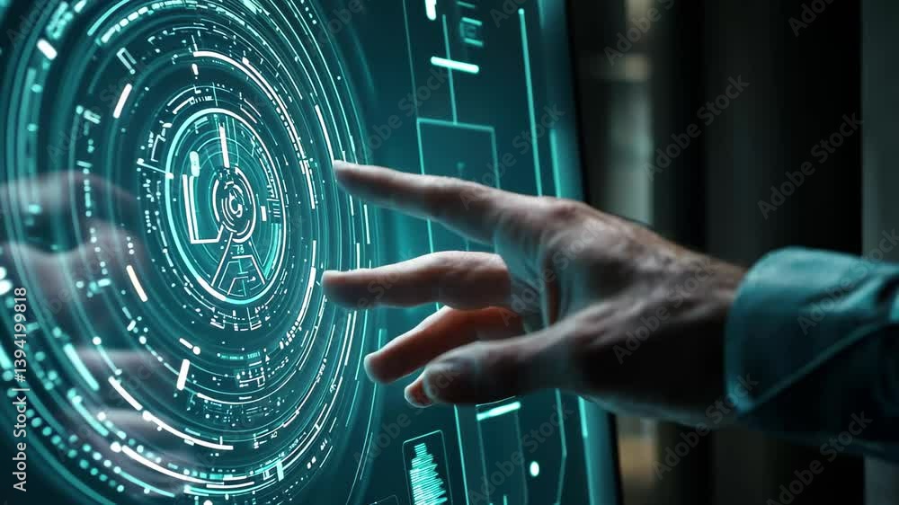 Poster hand interacts with advanced ai technology interface on digital display in modern environment, hand 