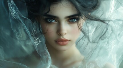 Alluring Woman with Shimmering Makeup and Sheer Veil in Studio with Dreamy Glimmer