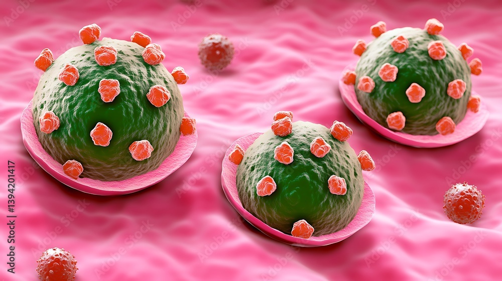 Poster close-up of viruses on a cellular surface. complex viral structures with protrusions are seen