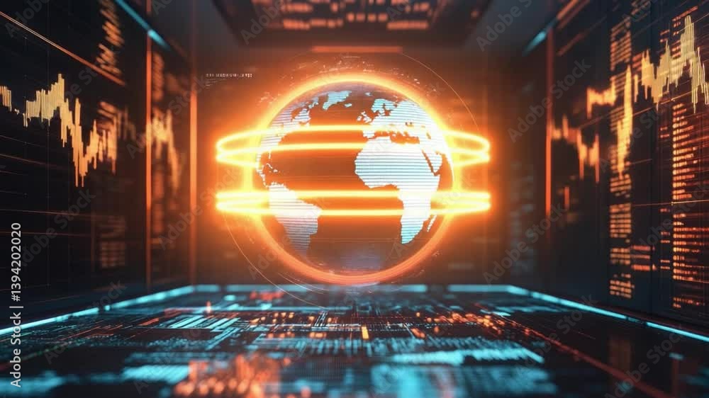 Poster futuristic digital interface with globe and data graphs illustrating global market trends and econom