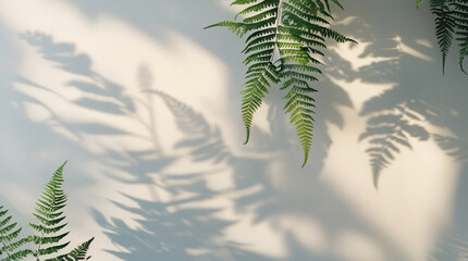 Naklejka premium Ethereal fern leaf shadows delicately overlap on a smooth white wall, forming abstract botanical shapes. Soft natural light enhances the minimalist setting, creating an elegant