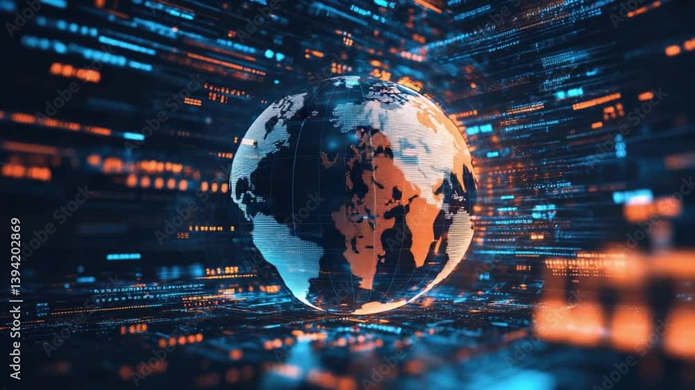 Poster abstract digital globe surrounded by data streams and light effects representing global connectivity