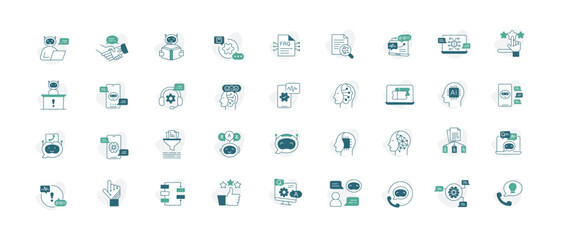 Smart Helpdesk and Virtual Assistant Icons for AI-Based Customer Experience. Icons for chatbots, sentiment analysis, automated replies, multilingual support. Editable Stroke and colors.
