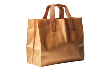 craft brown paper bag. recycle shopping bag with holder. isolated transparent background. Blank brown paper bag mockup template for label