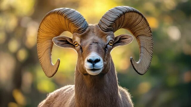 Majestic Ram with Impressive Curved Horns Gazes Directly at the Camera in a Lush Natural Environment Under Soft Warm Light