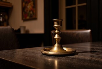 Elegant brass candle holder on dark wooden table  