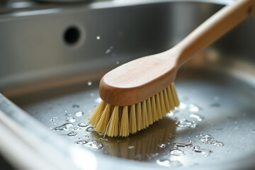 Wooden scrub brush cleaning a stainless steel sink, ensuring cleanliness and hygiene in a modern kitchen