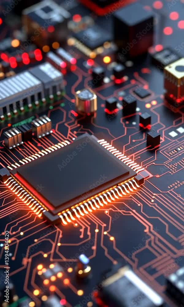 Poster a close up of a computer chip with a black background. the chip is lit up with red and orange lights
