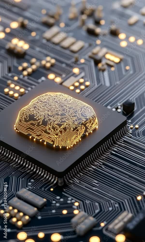 Aufkleber a close up of a computer chip with a yellow glow. concept of technology and innovation, as well as t