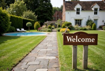 Welcome sign in a lush garden leading to a cozy home  