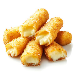 Golden and crispy mozzarella sticks with a perfectly fried crust and melted cheese inside, isolated white background, modern art style