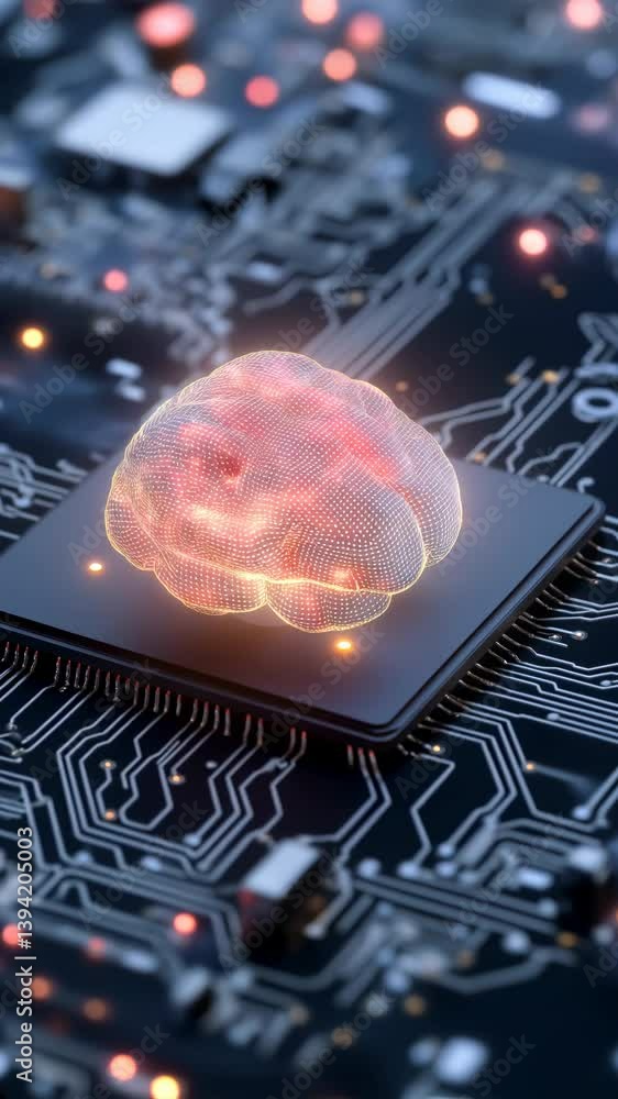 Aufkleber a computer chip with a brain on it. the brain is glowing and surrounded by a lot of other glowing li