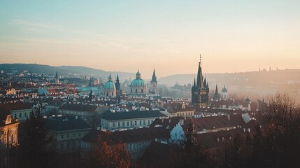 Fototapeta premium A historic city skyline under soft light, blending past and present in a serene urban vista.