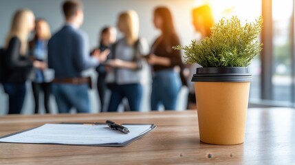 Business event registration desk with attendees completing forms and receiving materials in a bright venue