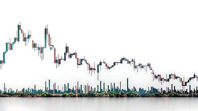 Stock Market Candlestick Chart Showing a Decline Over Time Against a Nature Landscape Background