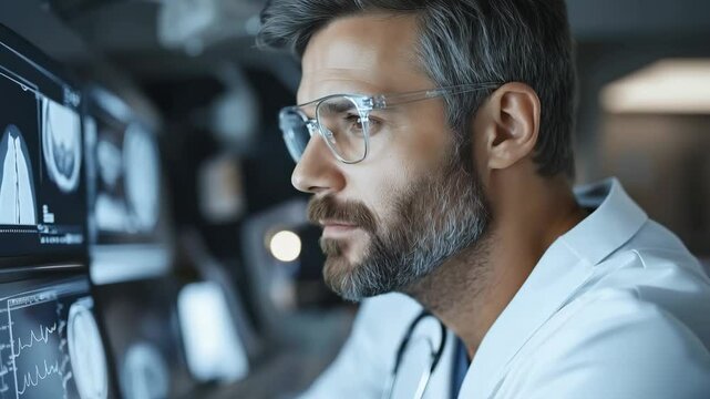 In a high-tech hospital, a focused doctor examines intricate scans. Surrounded by advanced equipment, he translates complex data with precision, revealing insights crucial for patient care.