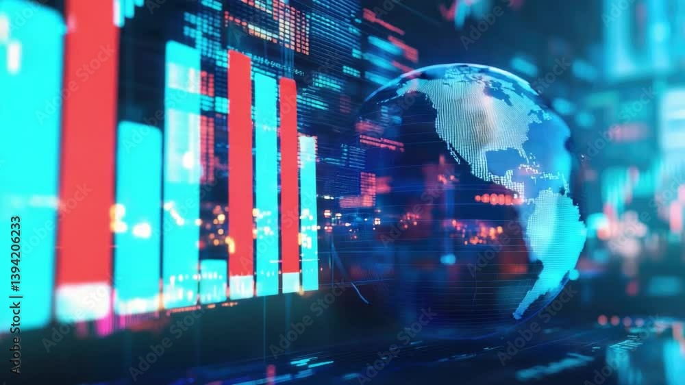 Poster futuristic financial and economic data visualization with globe, digital graphics, abstract charts a