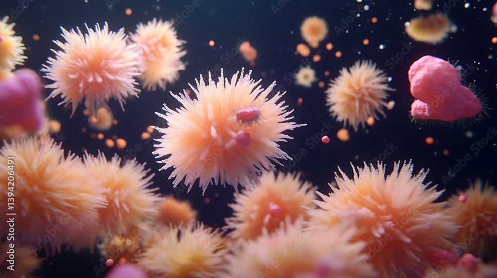 Poster microscopic view of various microorganisms. complex, dynamic, and intricate structures.