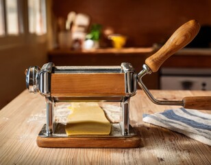 A handmade wooden pasta cutter used in a rural kitchen