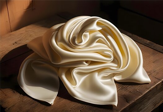 Silk Scarf's Delicate Artistry: A studio shot of a pristine, ivory-colored silk scarf artfully arranged, its fluid folds catching the play of light and shadow on a rustic wooden surface.