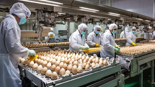 Egg Production Line: A team of dedicated workers, fully masked, is engaged in an automated egg processing operation. This photo evokes the meticulous nature of food safety and industrial efficiency.